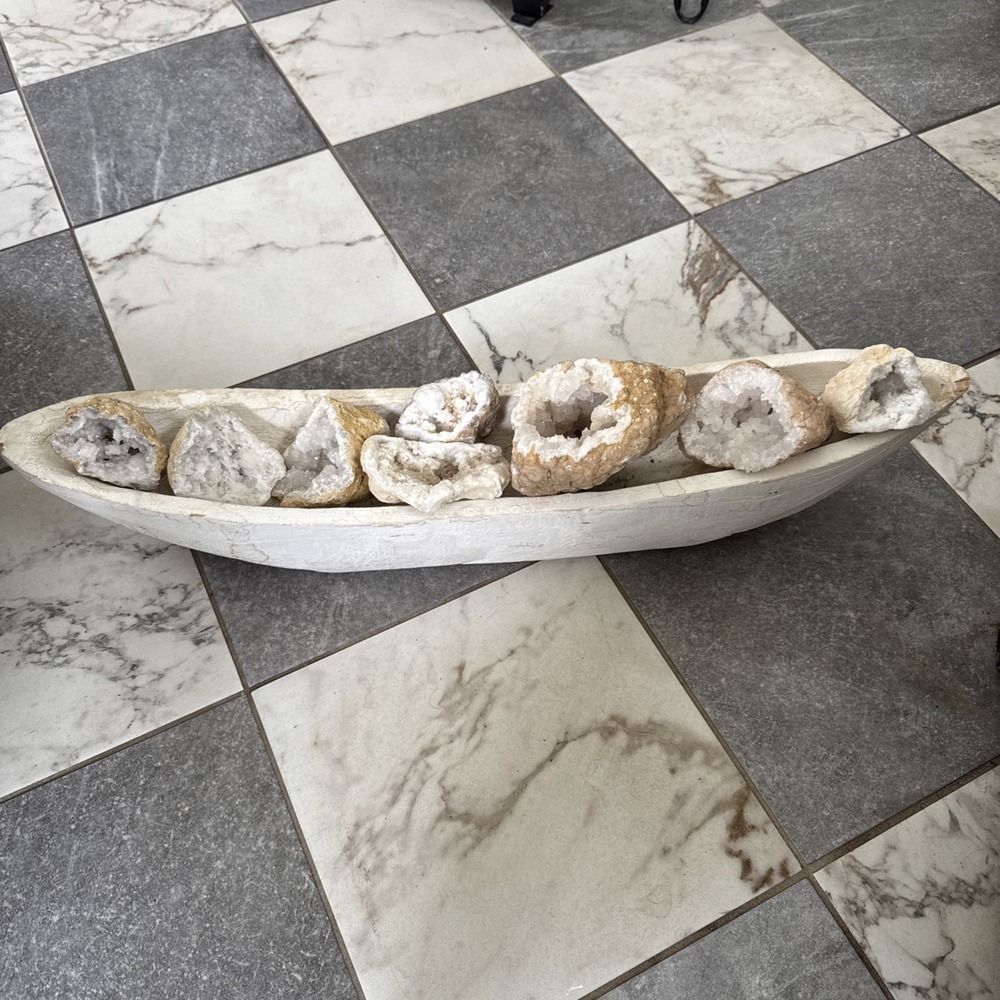 White Quartz Crystal Geodes - Lot Of 8 In Wooden Vessel - 3.5" - 6.5"